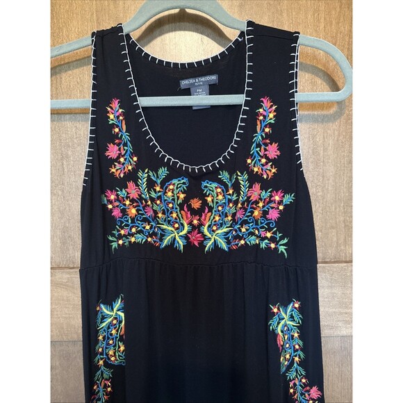 Chelsea & Theodore Dress Womens PM Black Bright Embroidery Maxi Boho Hippy 70s - Picture 3 of 5
